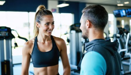 Coach sportif parle a une femme sourire