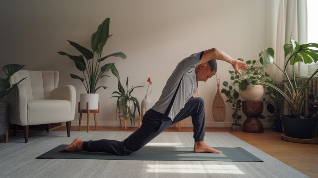 Homme a la maison s'étire le dos, fitness