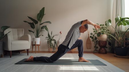 Homme a la maison s'étire le dos, fitness