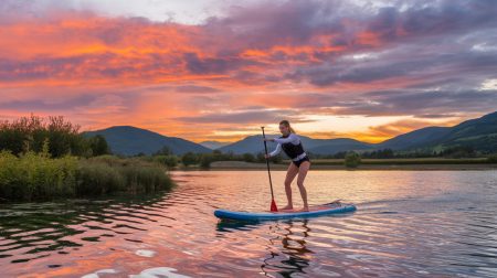 une femme fait du stand-up paddle
